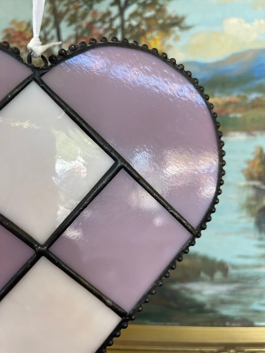 Pair of Vintage Stained Glass Heart Sun Catchers in Lavender and White