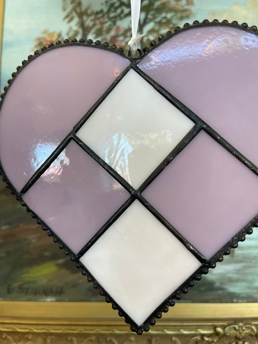 Pair of Vintage Stained Glass Heart Sun Catchers in Lavender and White