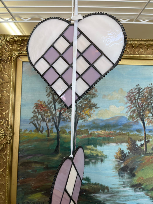 Pair of Vintage Stained Glass Heart Sun Catchers in Lavender and White