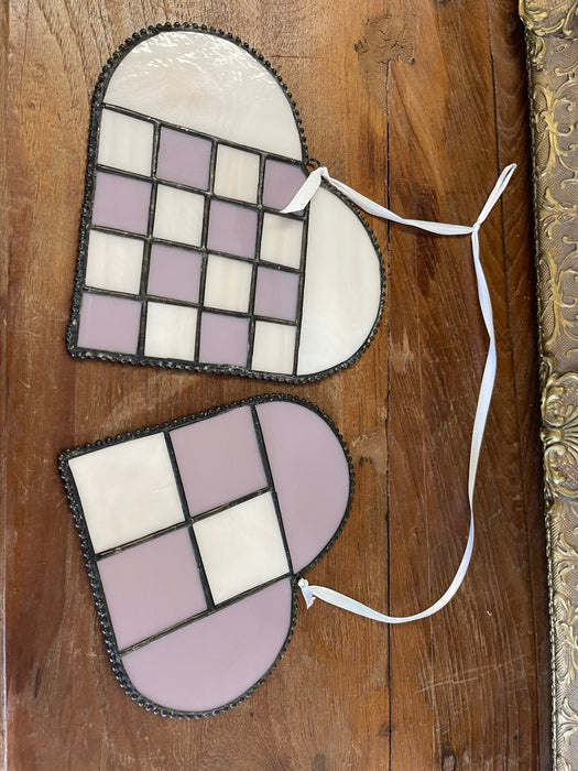 Pair of Vintage Stained Glass Heart Sun Catchers in Lavender and White