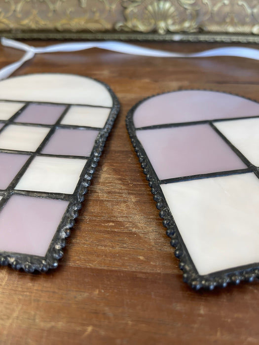 Pair of Vintage Stained Glass Heart Sun Catchers in Lavender and White