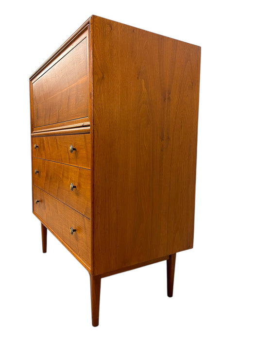 1960s Drexel Genuine Walnut Mid-Century Modern Secretary Chest With Drop-Front Desk and Drawers