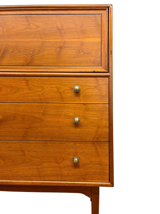 1960s Drexel Genuine Walnut Mid-Century Modern Secretary Chest With Drop-Front Desk and Drawers