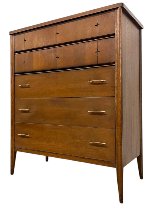 1960s Broyhill Premier “Saga" Highboy Dresser - Mid-Century Modern Chest with Starburst Carvings