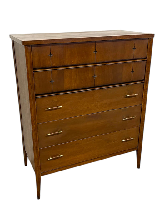 1960s Broyhill Premier “Saga" Highboy Dresser - Mid-Century Modern Chest with Starburst Carvings