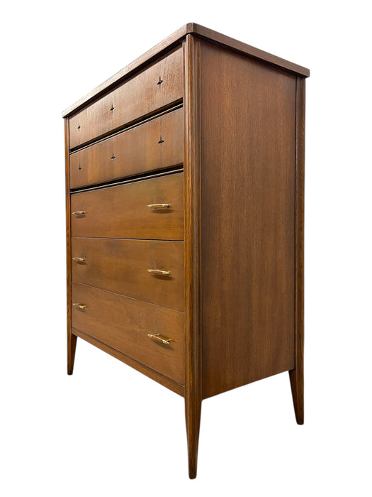 1960s Broyhill Premier “Saga" Highboy Dresser - Mid-Century Modern Chest with Starburst Carvings