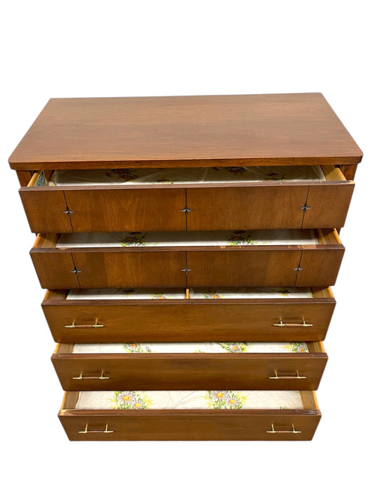 1960s Broyhill Premier “Saga" Highboy Dresser - Mid-Century Modern Chest with Starburst Carvings