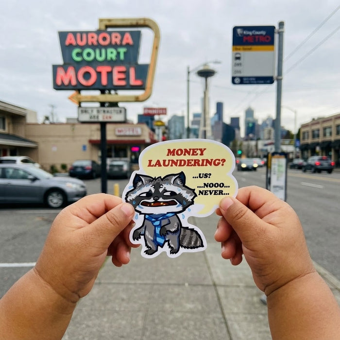"Money Laundering? Never" Raccoon Vinyl Sticker