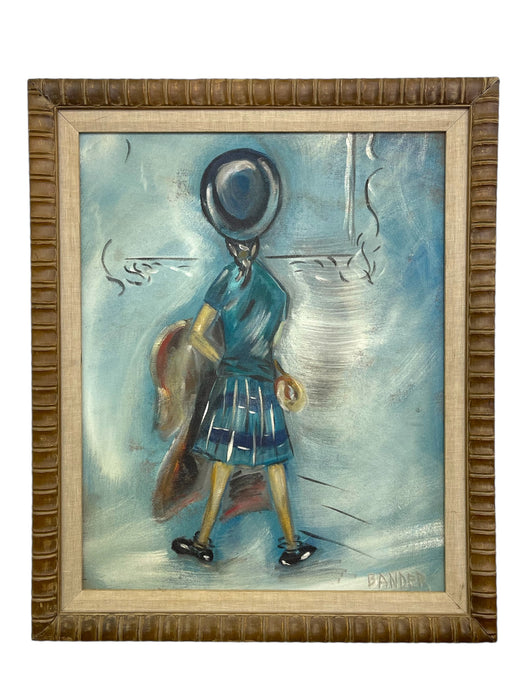 Vintage Mid-Century Modern Figurative Painting "Girl in Blue" Signed Bander