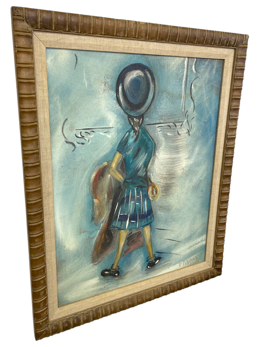 Vintage Mid-Century Modern Figurative Painting "Girl in Blue" Signed Bander