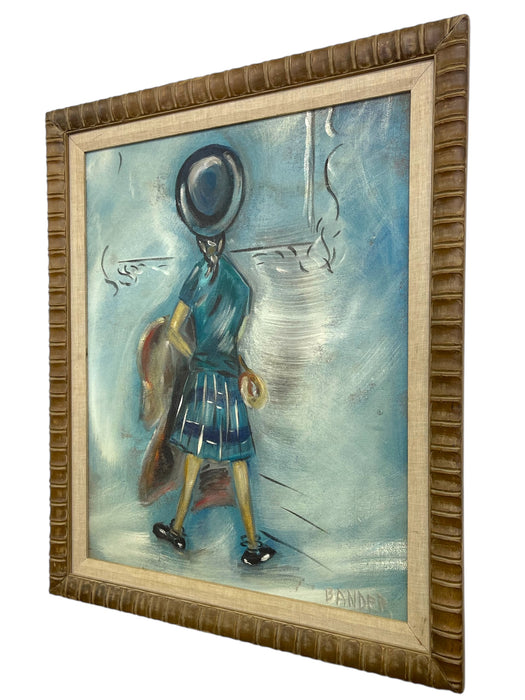 Vintage Mid-Century Modern Figurative Painting "Girl in Blue" Signed Bander