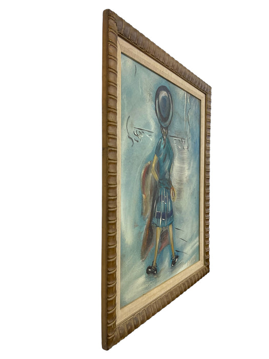 Vintage Mid-Century Modern Figurative Painting "Girl in Blue" Signed Bander