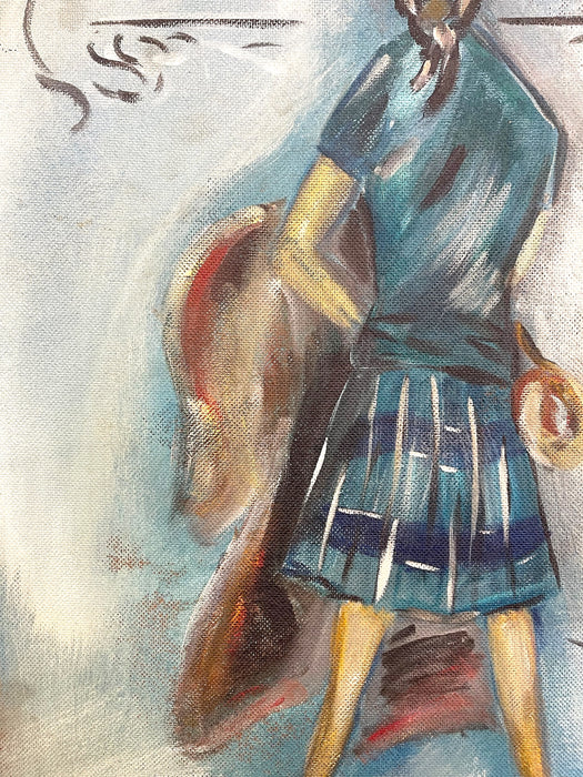 Vintage Mid-Century Modern Figurative Painting "Girl in Blue" Signed Bander