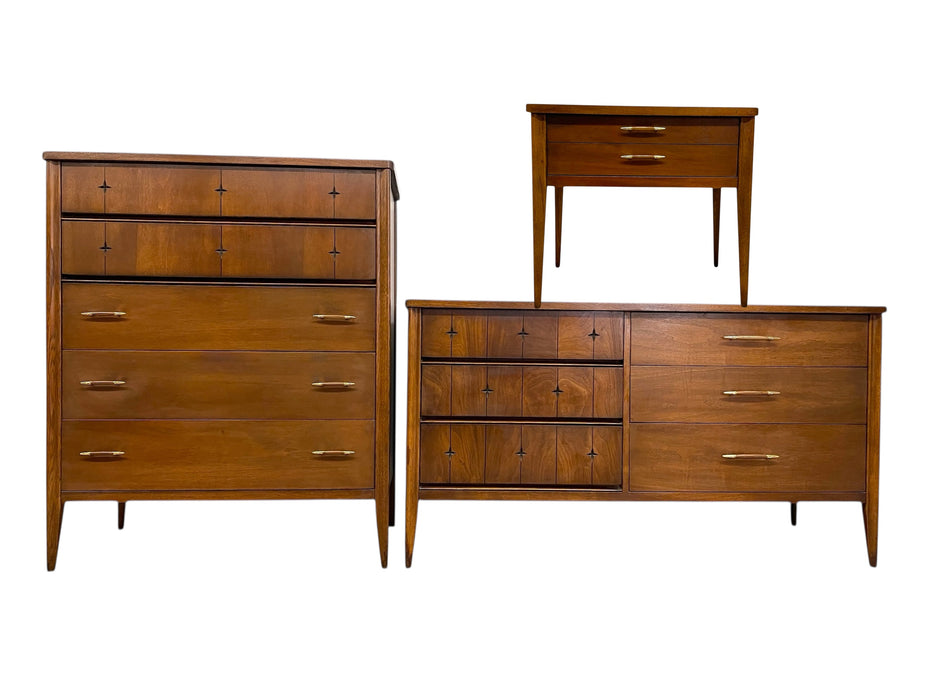 1960s Broyhill Premier "Saga" 3-Piece Bedroom Set - Mid-Century Modern Highboy, 6-Drawer Dresser & Nightstand with Starburst Carvings