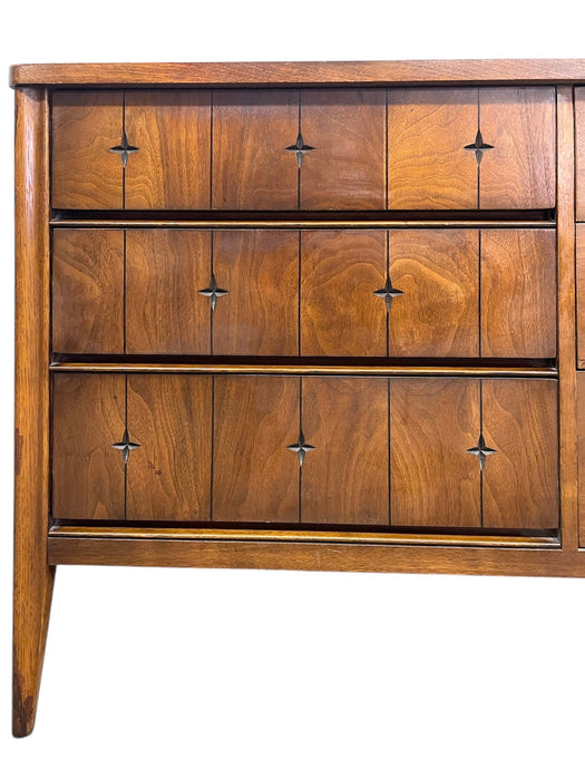 1960s Broyhill Premier "Saga" 3-Piece Bedroom Set - Mid-Century Modern Highboy, 6-Drawer Dresser & Nightstand with Starburst Carvings