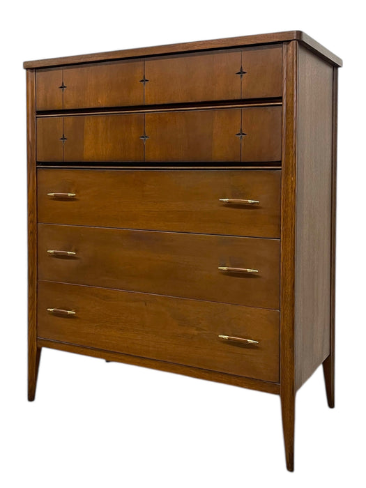 1960s Broyhill Premier "Saga" 3-Piece Bedroom Set - Mid-Century Modern Highboy, 6-Drawer Dresser & Nightstand with Starburst Carvings