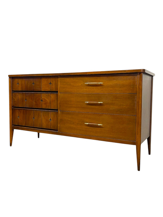 1960s Broyhill Premier "Saga" 3-Piece Bedroom Set - Mid-Century Modern Highboy, 6-Drawer Dresser & Nightstand with Starburst Carvings