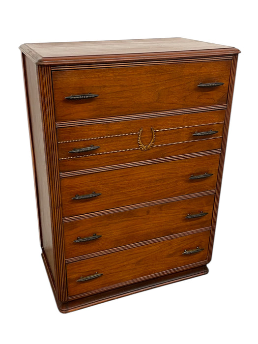 Vintage Mid-Century Highboy Dresser by John Stuart-Five-Drawer Chest with Carved Laurel Detail