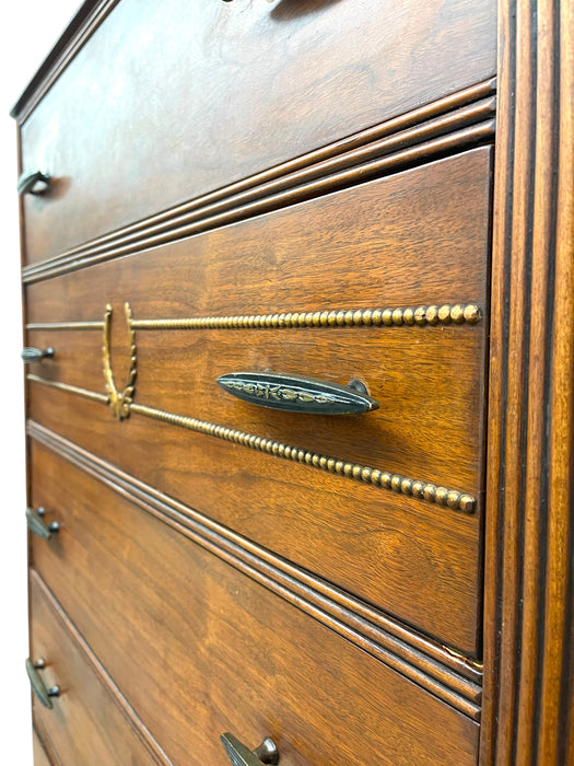 Vintage Mid-Century Highboy Dresser by John Stuart-Five-Drawer Chest with Carved Laurel Detail