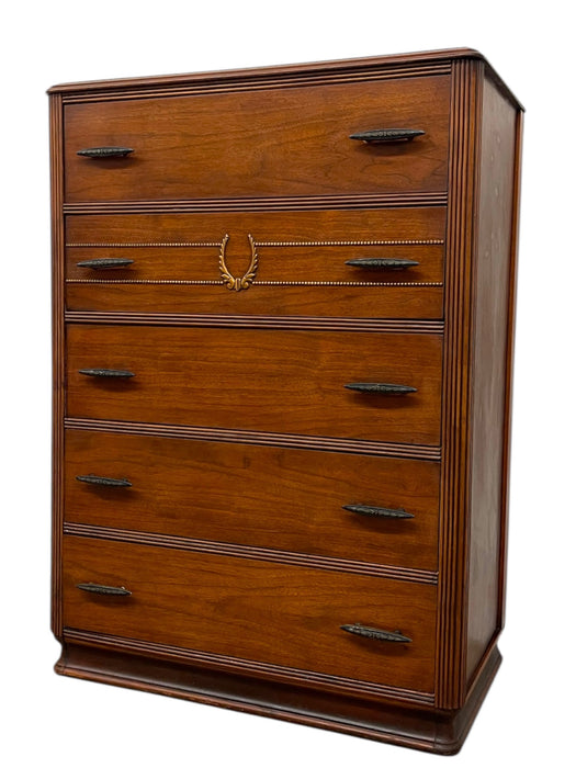 highboy dresser vintage Vintage Mid-Century Highboy Dresser by John Stuart-Five-Drawer Chest with Carved Laurel Detail