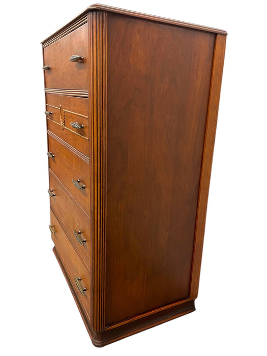 Vintage Mid-Century Highboy Dresser by John Stuart-Five-Drawer Chest with Carved Laurel Detail