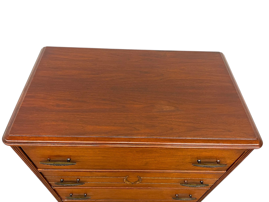 Vintage Mid-Century Highboy Dresser by John Stuart-Five-Drawer Chest with Carved Laurel Detail
