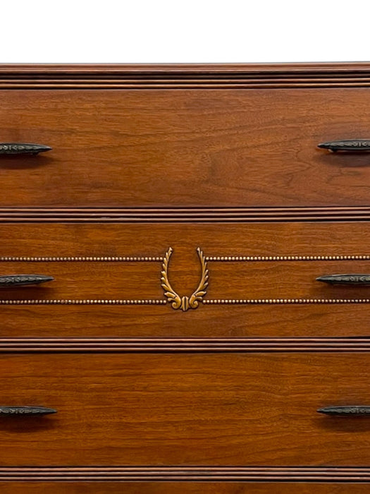 Vintage Mid-Century Highboy Dresser by John Stuart-Five-Drawer Chest with Carved Laurel Detail