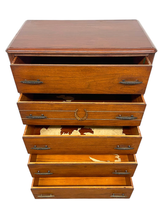 Vintage Mid-Century Highboy Dresser by John Stuart-Five-Drawer Chest with Carved Laurel Detail