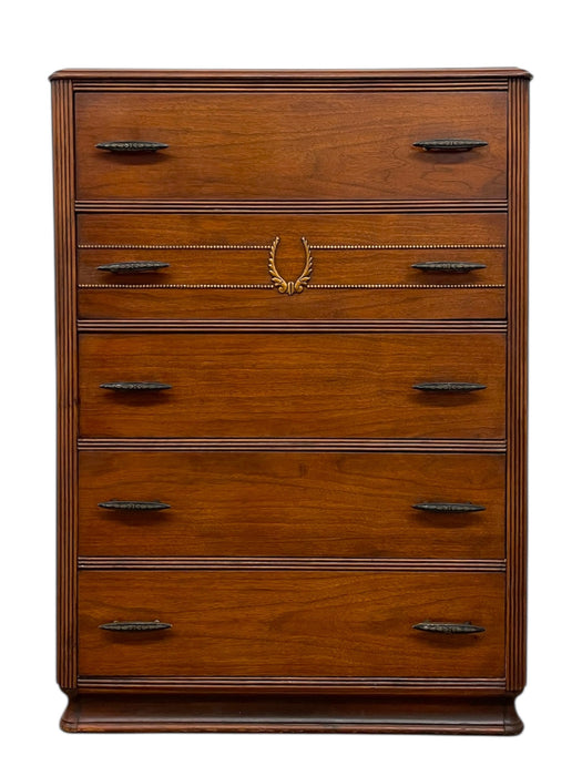 Vintage Mid-Century Highboy Dresser by John Stuart-Five-Drawer Chest with Carved Laurel Detail Vintage Mid-Century Highboy Dresser by John Stuart-Five-Drawer Chest with Carved Laurel Detail