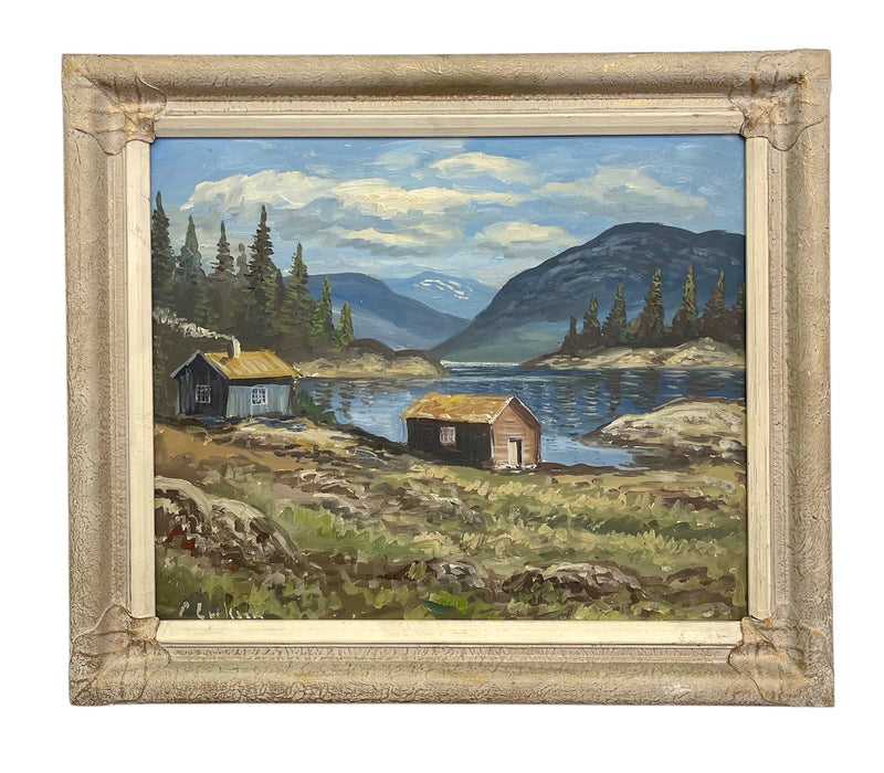 Vintage Mid-Century Mountain Landscape Painting in Textured Frame