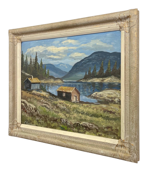 Vintage Mid-Century Mountain Landscape Painting in Textured Frame