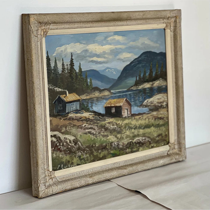 Vintage Mid-Century Mountain Landscape Painting in Textured Frame