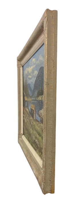Vintage Mid-Century Mountain Landscape Painting in Textured Frame