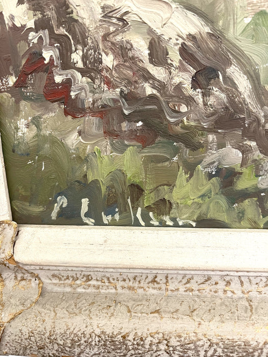 Vintage Mid-Century Mountain Landscape Painting in Textured Frame