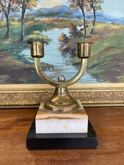 Vintage Brass Toned Double-Arm Candle Holder on Possibly Marble and Onyx Base