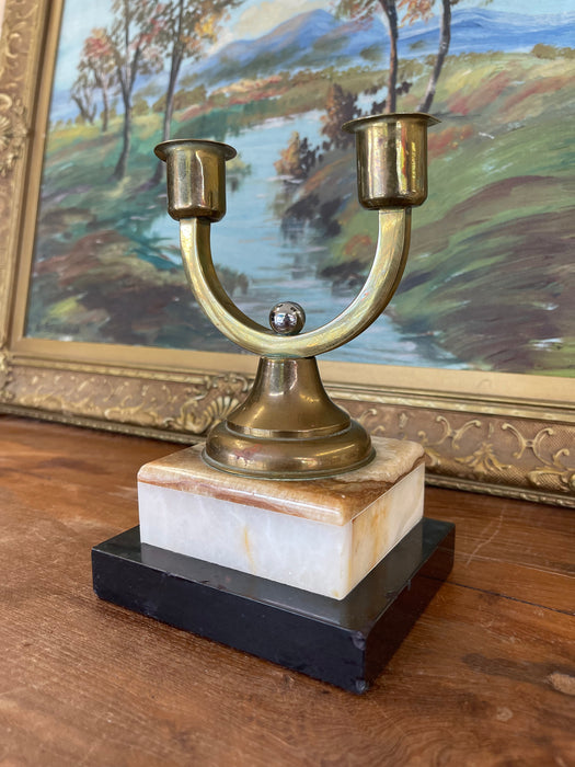 Vintage Brass Toned Double-Arm Candle Holder on Possibly Marble and Onyx Base