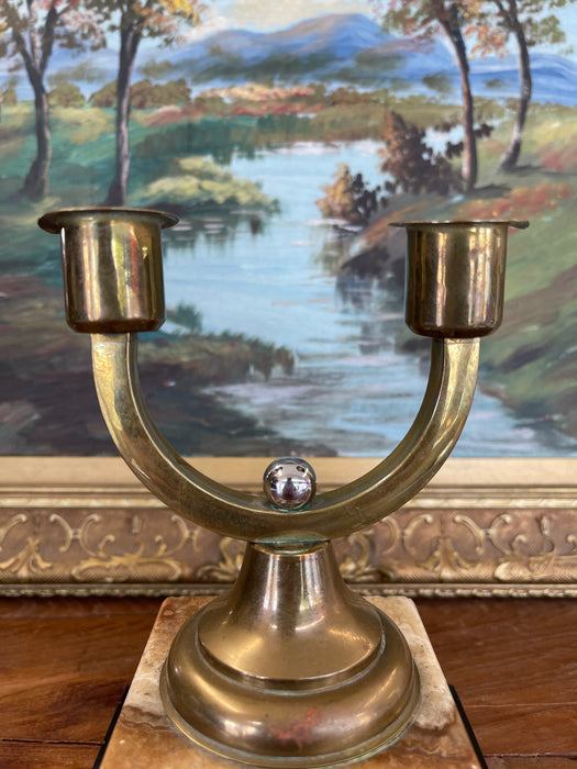 Vintage Brass Toned Double-Arm Candle Holder on Possibly Marble and Onyx Base