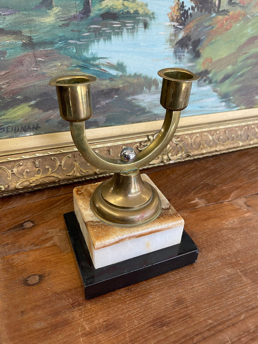 Vintage Brass Toned Double-Arm Candle Holder on Possibly Marble and Onyx Base