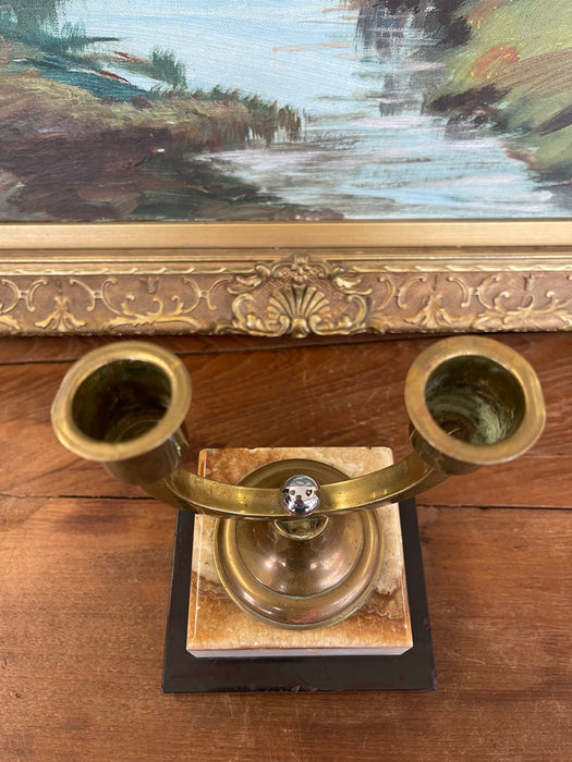 Vintage Brass Toned Double-Arm Candle Holder on Possibly Marble and Onyx Base