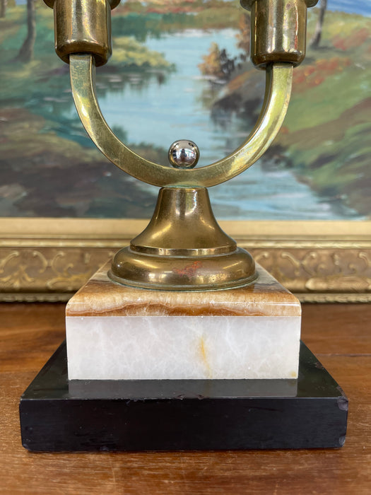 Vintage Brass Toned Double-Arm Candle Holder on Possibly Marble and Onyx Base
