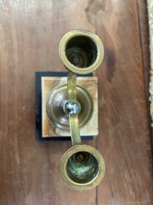Vintage Brass Toned Double-Arm Candle Holder on Possibly Marble and Onyx Base