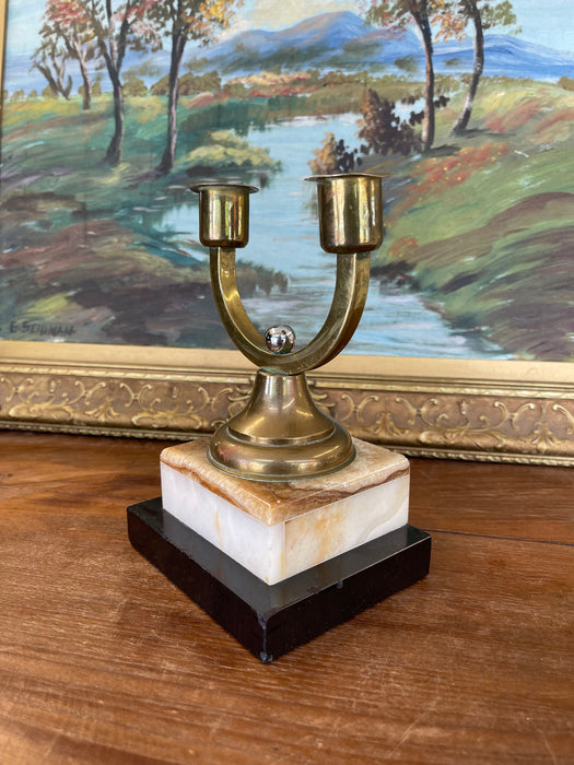Vintage Brass Toned Double-Arm Candle Holder on Possibly Marble and Onyx Base