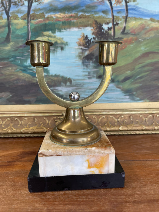 Vintage Brass Toned Double-Arm Candle Holder on Possibly Marble and Onyx Base
