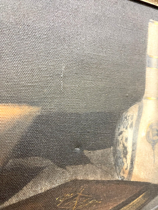 Vintage Still Life Painting with Bottle, Book, Pipe - Signed by Cannon