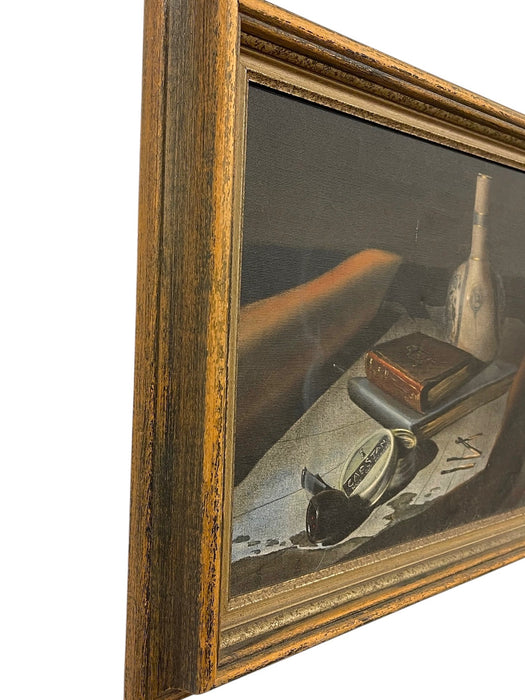 Vintage Still Life Painting with Bottle, Book, Pipe - Signed by Cannon