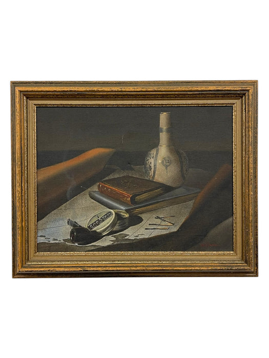 Vintage Still Life Painting with Bottle, Book, Pipe - Signed by Cannon