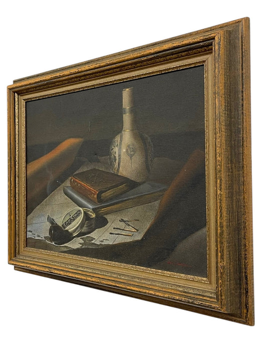 Vintage Still Life Painting with Bottle, Book, Pipe - Signed by Cannon