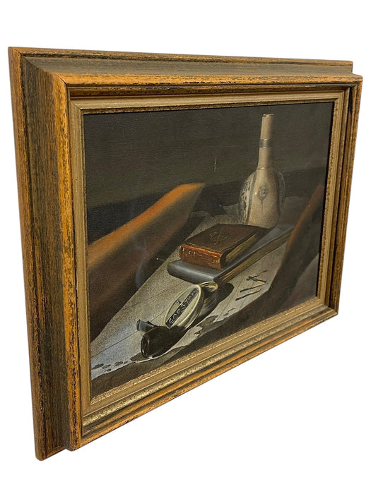 Vintage Still Life Painting with Bottle, Book, Pipe - Signed by Cannon