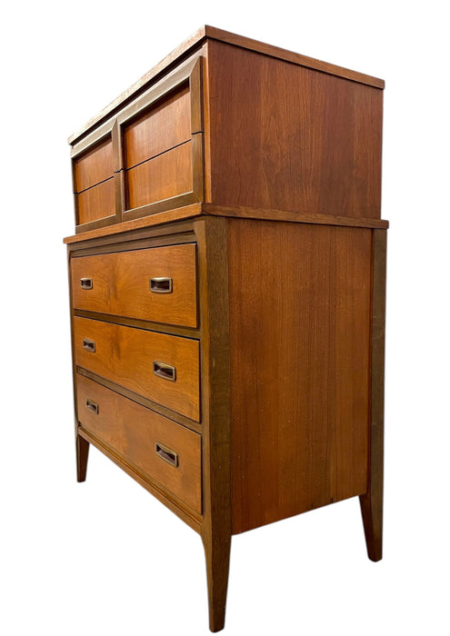 Vintage Mid-Century Modern Highboy Dresser with Sculpted Drawer Fronts — Big Whale Consignment Vintage Mid-Century Modern Highboy Dresser with Sculpted Drawer Fronts — Big Whale Consignment