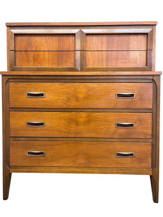 Vintage Mid-Century Modern Highboy Dresser with Sculpted Drawer Fronts — Big Whale Consignment Vintage Mid-Century Modern Highboy Dresser with Sculpted Drawer Fronts — Big Whale Consignment